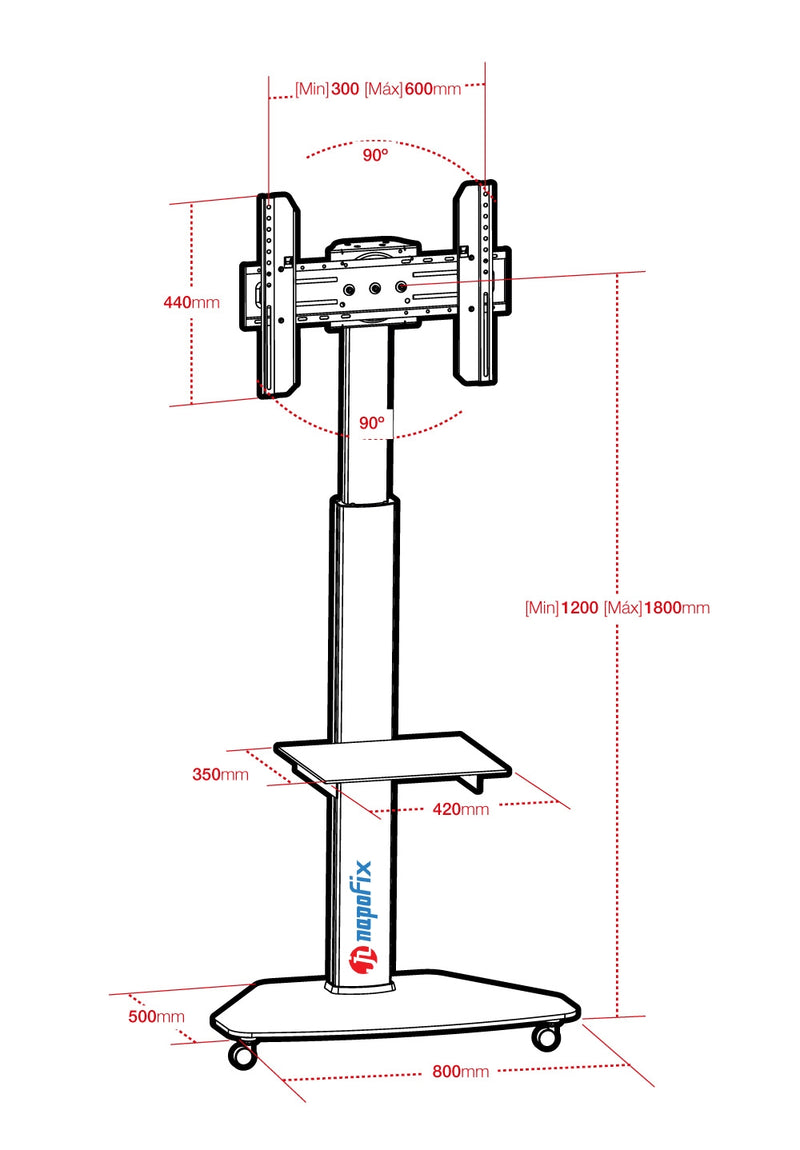 Carrello professionale da pavimento con altezza regolabile per monitor con portata 40kg e VESA fino a 600x400mm, completo di ripiano, silver