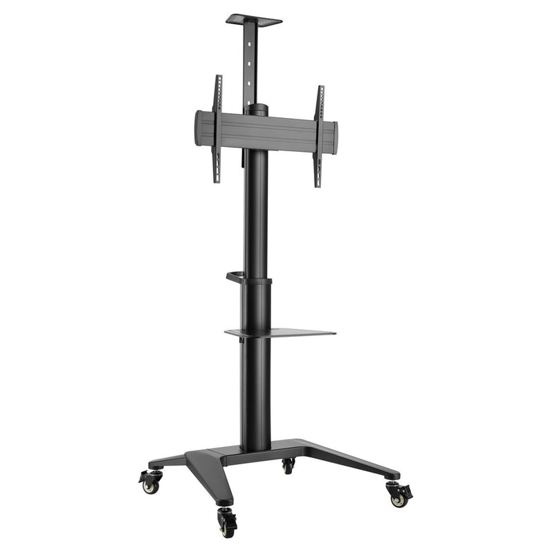 Carrello professionale da pavimento con altezza regolabile per monitor con portata 70kg e VESA fino a 600x400mm, completo di ripiano e alloggio per webcam, nero