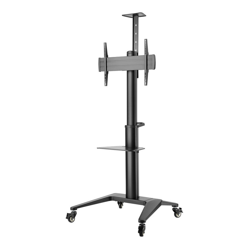 Carrello professionale da pavimento con altezza regolabile per monitor con portata 70kg e VESA fino a 600x400mm, completo di ripiano e alloggio per webcam, nero