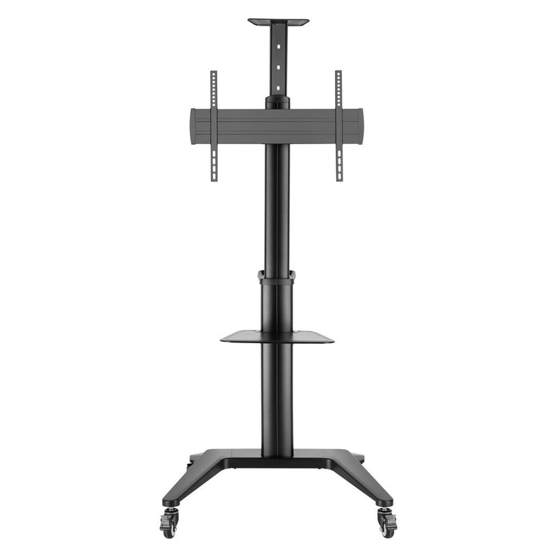 Carrello professionale da pavimento con altezza regolabile per monitor con portata 70kg e VESA fino a 600x400mm, completo di ripiano e alloggio per webcam, nero